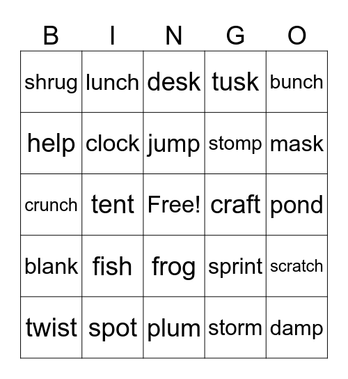 Single Closed Syllables Bingo Card