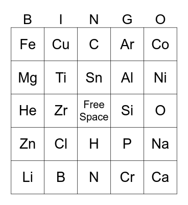 Periodic Table of Elements Bingo Card