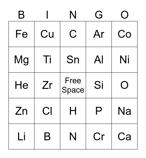 Periodic Table of Elements Bingo Card