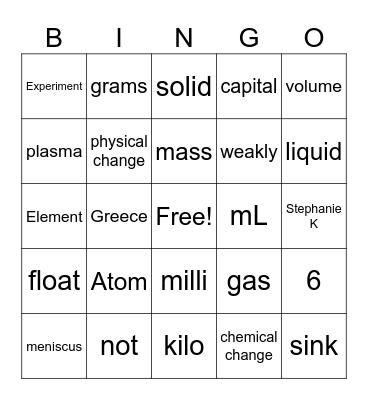 science Bingo Card