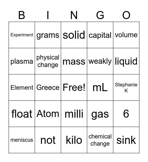 science Bingo Card