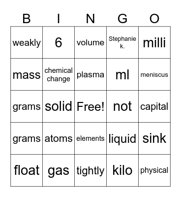 science Bingo Card