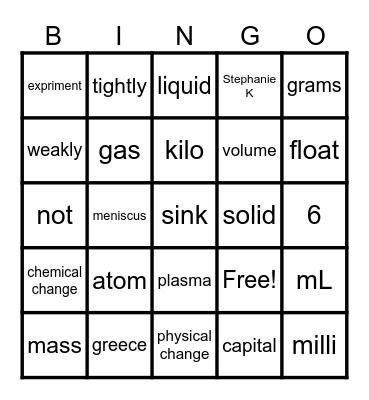 science bingo Card