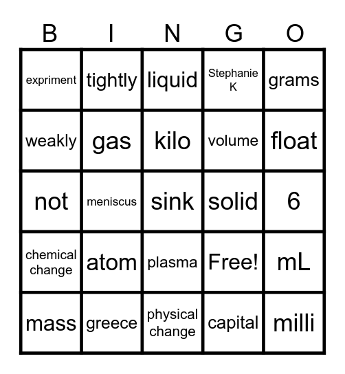 science bingo Card