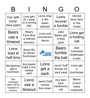 Detroit Lions Thanksgiving Bingo Card