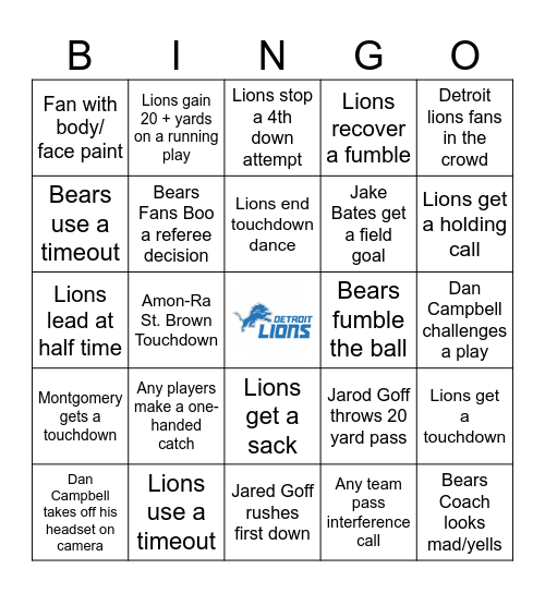 Detroit Lions Thanksgiving Bingo Card