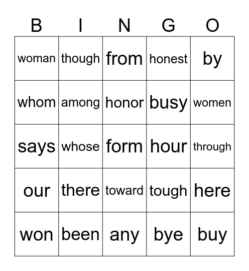 Tricky Sight Words Bingo Card