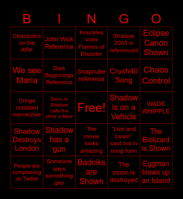 Sonic 3 Bingo Card