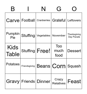 Thanksgiving BINGO Card