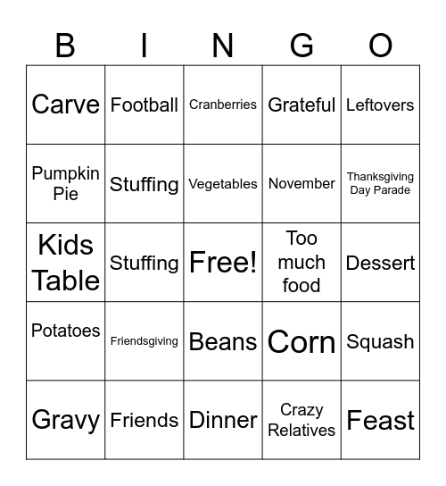 Thanksgiving BINGO Card