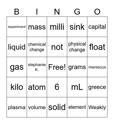 science Bingo Card