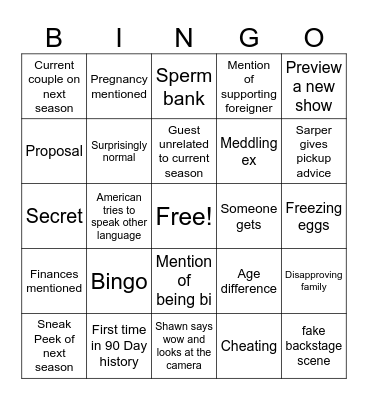 90 Day Reunion Bingo Card