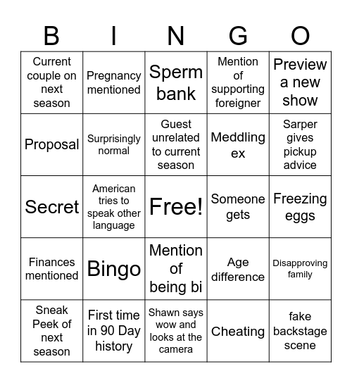 90 Day Reunion Bingo Card