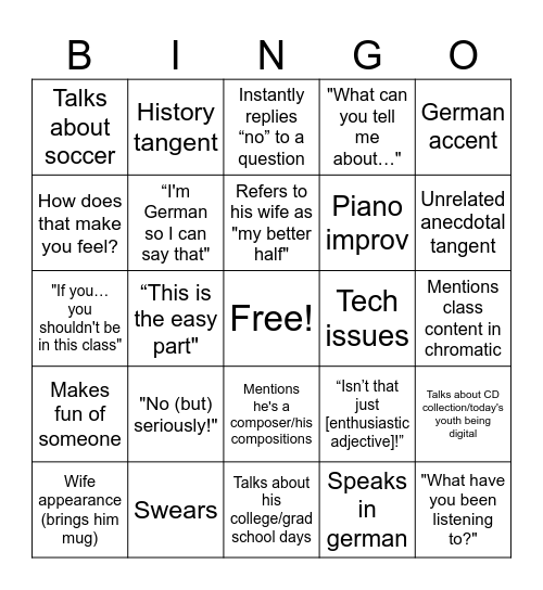 Gawlick Bingo (Harmony I, Fall 2024) Bingo Card