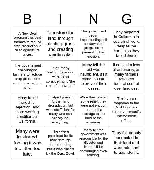 "The Worst Hard Times" Bingo Card