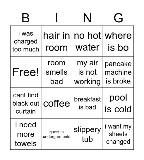 hotel bingo Card