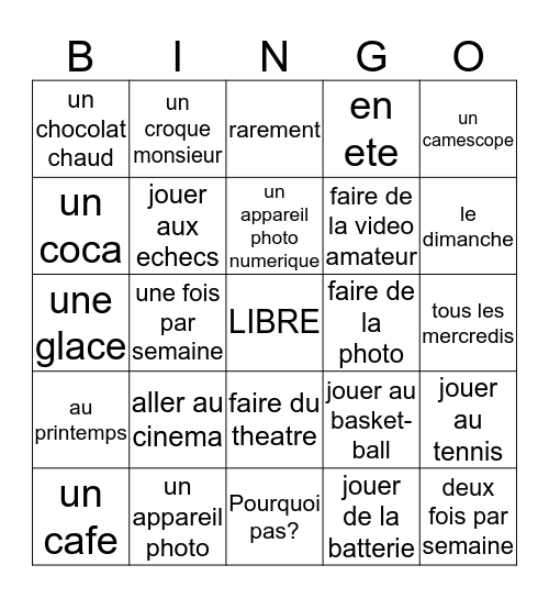 Chapitre 1, Vocabulaire 2 Bingo Card
