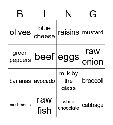 Picky Eaters Bingo Card