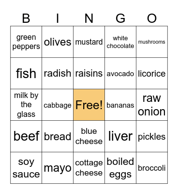 Picky Eaters Bingo Card