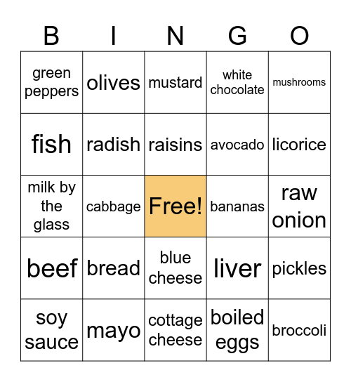 Picky Eaters Bingo Card