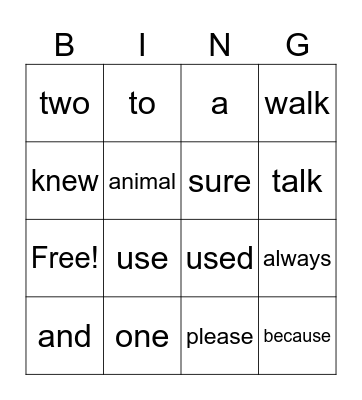 Sight Word BINGO Card