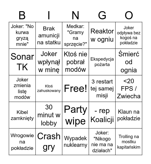 Barotrauma Bingo Card