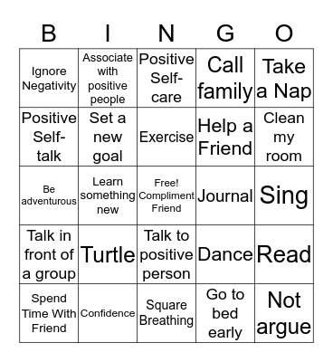 Self Esteem Bingo Card