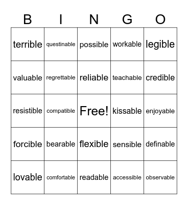 -able -ible Bingo Card