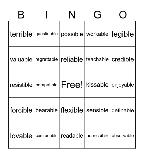 -able -ible Bingo Card