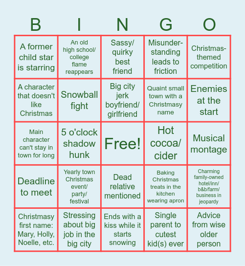 HALLMARK XMAS MOVIE Bingo Card