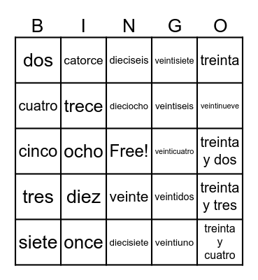 Numeros 0-30 Bingo Card