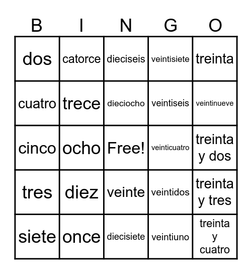 Numeros 0-30 Bingo Card