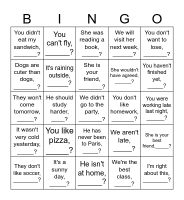 Tag Question Bingo Card