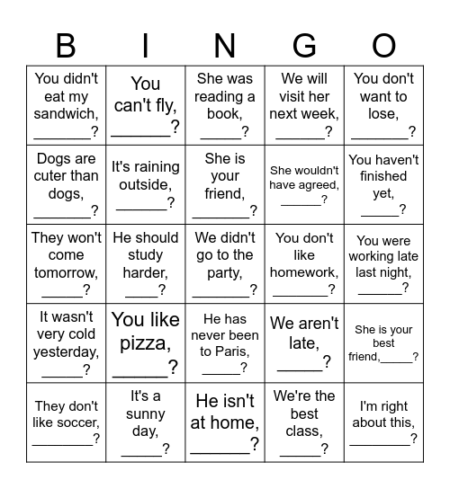 Tag Question Bingo Card