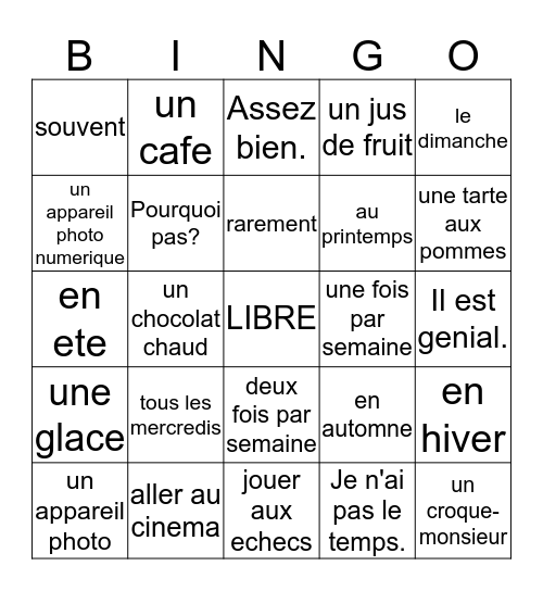 Chapitre un, vocab deux Bingo Card