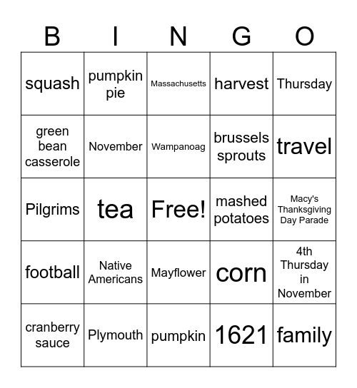 Thanksgiving Bingo Card