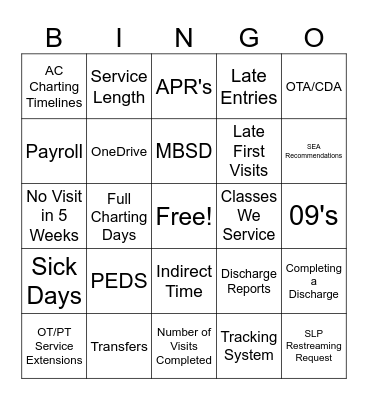 PAEDS TEAM BINGO Card