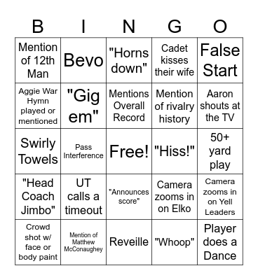 Texas A&M vs UT Bingo Card