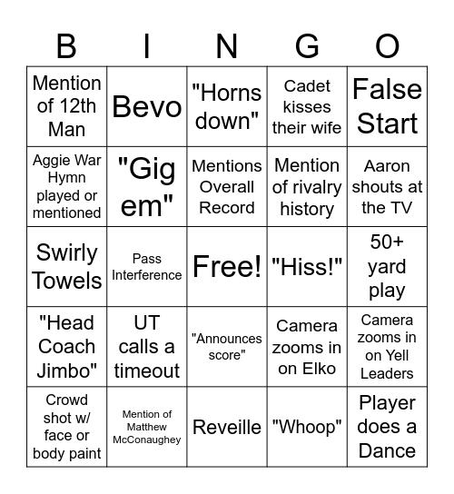 Texas A&M vs UT Bingo Card