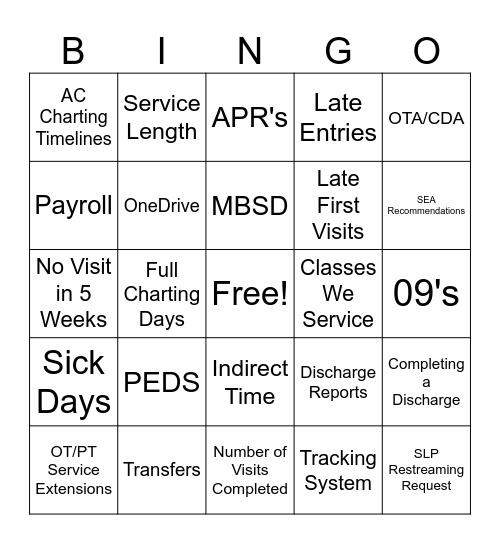 PAEDS TEAM BINGO Card