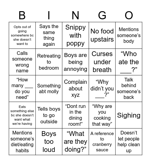 Nanny Bingo Card