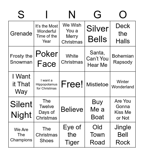 ACLH Holiday SINGO! Bingo Card