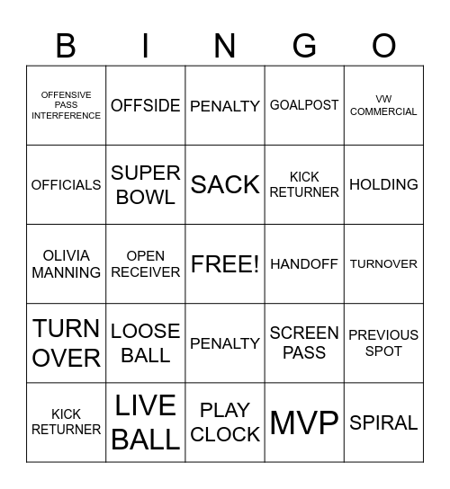 FOOTBALL Bingo Card