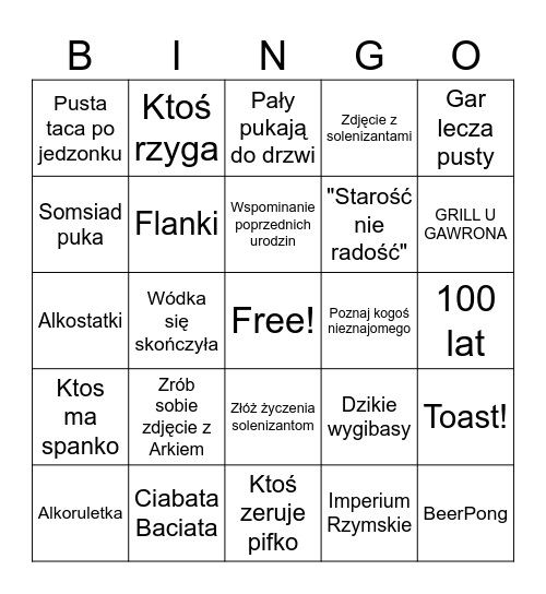 Urodzinowa bibka Bingo Card