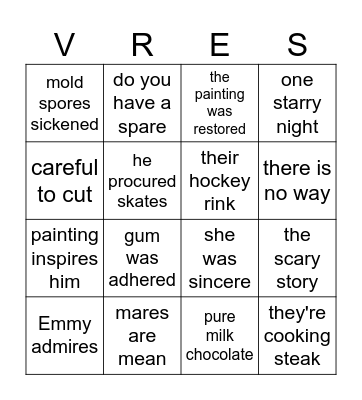 There, Their, They're & VRE Words Bingo Card