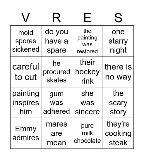 There, Their, They're & VRE Words Bingo Card