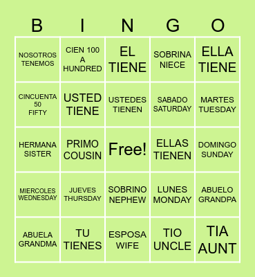 TENER BINGO Card