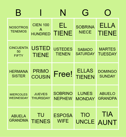 TENER BINGO Card