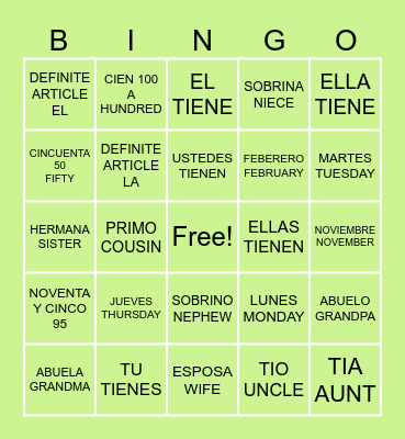 TENER BINGO Card