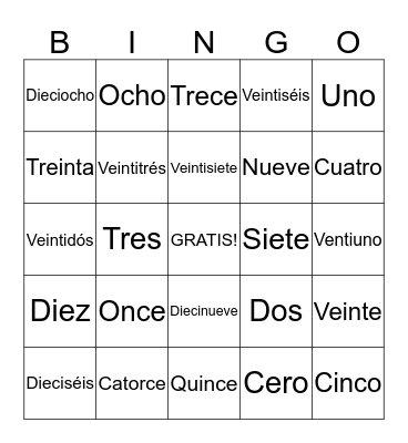 Los números de bingo en español Bingo Card